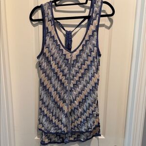 White House Black Market Zigzag Blue and Cream Tank Top